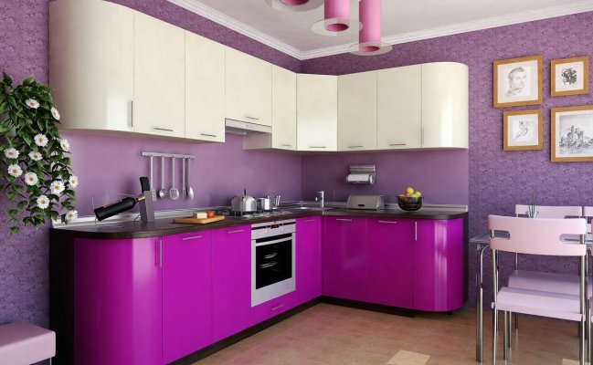 Кухня угловая в бело-сиреневом цвете