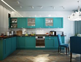 Продажа Угловая бирюзовая кухня с темной столешницей в каталоге Купить Угловая бирюзовая кухня с темной столешницей в каталоге