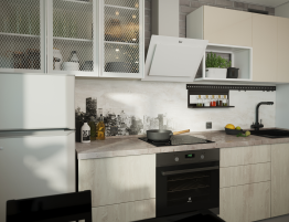Продажа Светлая прямая кухня с фотопечатью на фартуке в каталоге Купить Светлая прямая кухня с фотопечатью на фартуке в каталоге