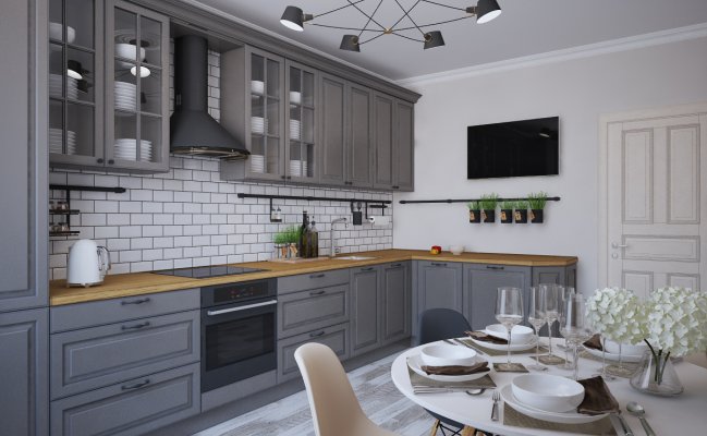 Угловая кухня с серыми фасадами и деревянной столешницей