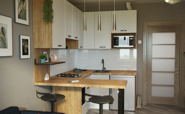 Светлая угловая кухня с барной стойкой