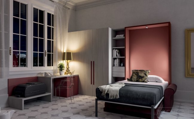 Шкаф-стенка с фотопечатью и небольшим диваном 