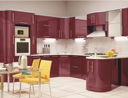 Купить Большая кухня с радиусными фасадами в бордовом цвете в каталоге Акриловые