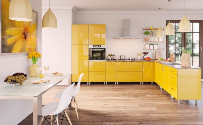 Кухня в желтом цвете без навесных шкафов