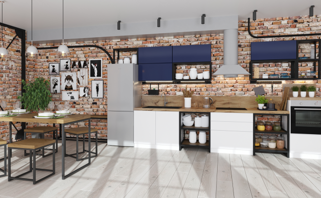 Прямая кухня в стиле лофт с акцентными навесными шкафами
