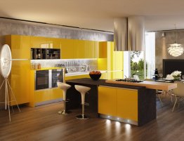 Продажа Небольшая глянцевая кухня в жёлтом цвете с островом в каталоге Купить Небольшая глянцевая кухня в жёлтом цвете с островом в каталоге