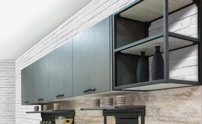 Прямая кухня Белый дуб - Бетон с барной стойкой