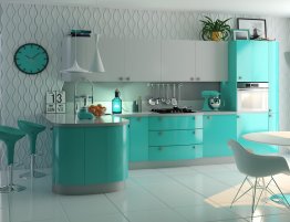 Продажа Угловая кухня с бирюзовыми глянцевыми фасадами в каталоге Купить Угловая кухня с бирюзовыми глянцевыми фасадами в каталоге