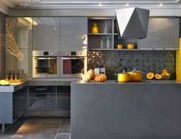 Продажа Серая угловая кухня в стиле хай-тек с островом в каталоге Купить Серая угловая кухня в стиле хай-тек с островом в каталоге