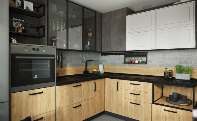 Угловая кухня в стиле лофт Дерево - бетон