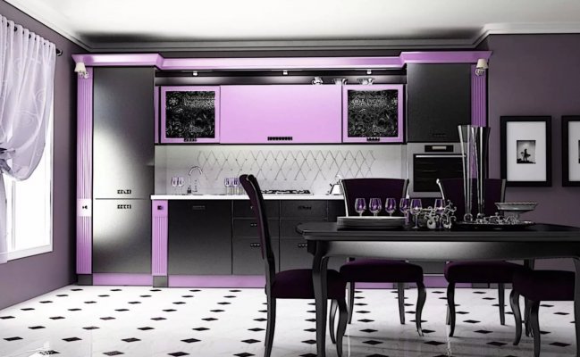 Небольшая прямая кухня в черном и лавандовом цвете