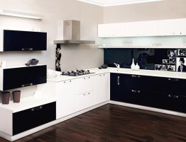 Продажа Черно-белая угловая кухня хай-тек с фотопечатью в каталоге Купить Черно-белая угловая кухня хай-тек с фотопечатью в каталоге