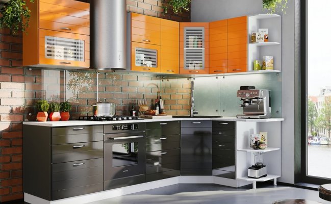 Угловая кухня в коричнево-оранжевом цвете