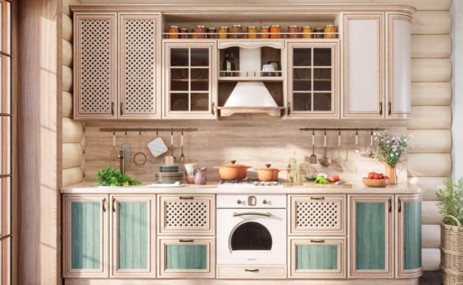 Небольшая кухня в стиле кантри с акцентными фасадами