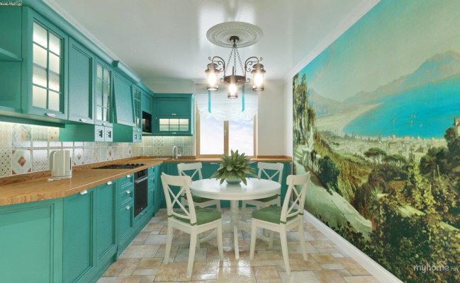 Угловая кухня с деревянной столешницей