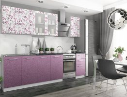 Продажа Прямая кухня с сиреневыми фасадами с фотопечатью в каталоге Купить Прямая кухня с сиреневыми фасадами с фотопечатью в каталоге