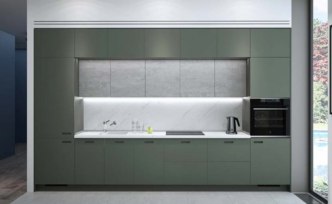 Серая прямая кухня в стиле минимализм