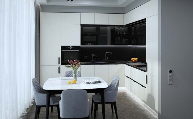 Белая угловая кухня в стиле минимализм