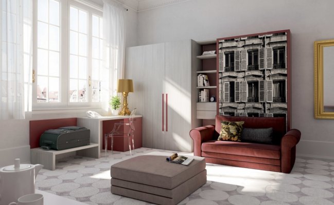 Шкаф-стенка с фотопечатью и небольшим диваном 