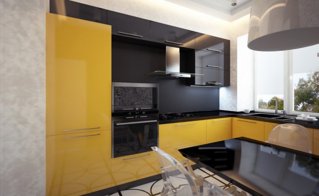 Желтая угловая кухня хай-тек с местом для мойки у окна