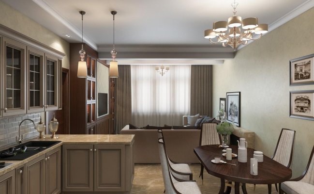 Кухня неоклассика совмещенная с гостиной