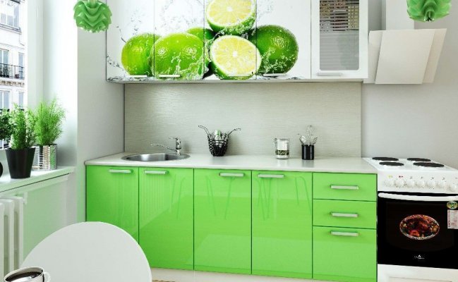 Прямая зеленая кухня с фотопечатью