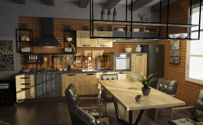 Прямая кухня в стиле лофт Дерево - Бетон