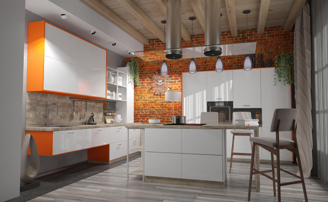 Белая кухня с акцентными боковыми фасадами