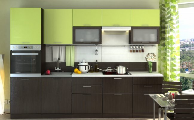 Прямая кухня с фасадами цвета венге и зеленый
