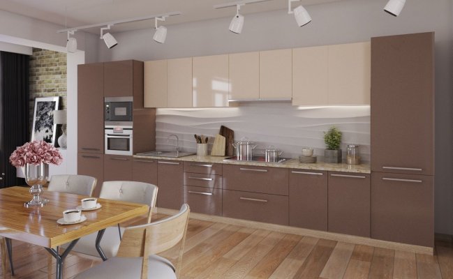 Прямая кухня с фартуком из стекла