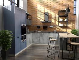 Продажа Серо-голубая П-образная кухня в стиле лофт в каталоге Купить Серо-голубая П-образная кухня в стиле лофт в каталоге
