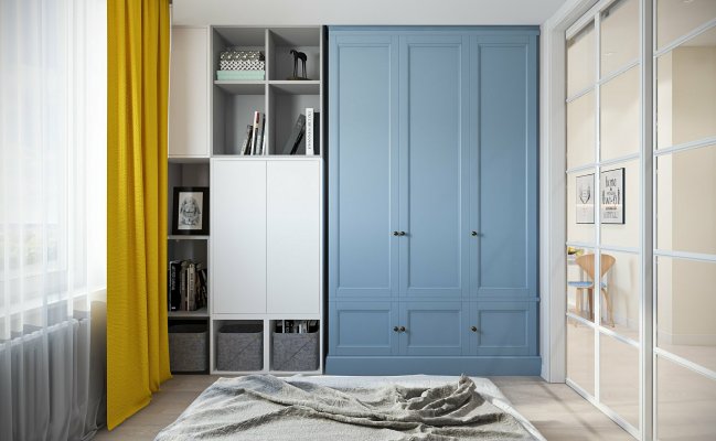 Шкаф с голубыми фасадами в скандинавском стиле